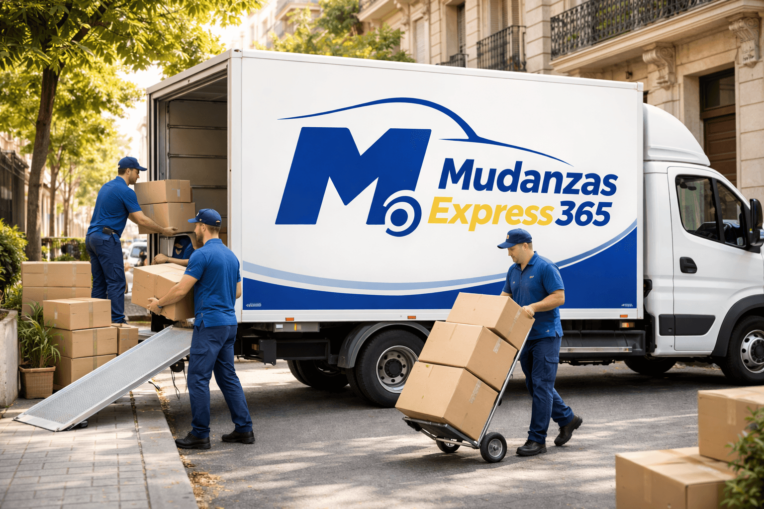 Equipo de mudanzas profesional cargando muebles en camión